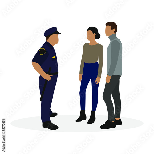 Policeman in uniform and couple of young people on white background