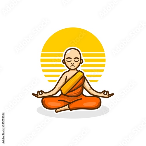 monk logo icon, Buddhist monk cartoon character yoga meditating in orange and yellow robe with sun background vector illustration