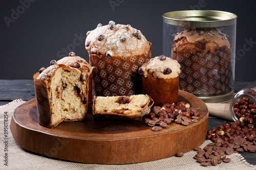 .Delicious homemade panettone with natural fermentation. Chocolate and hazelnut filling