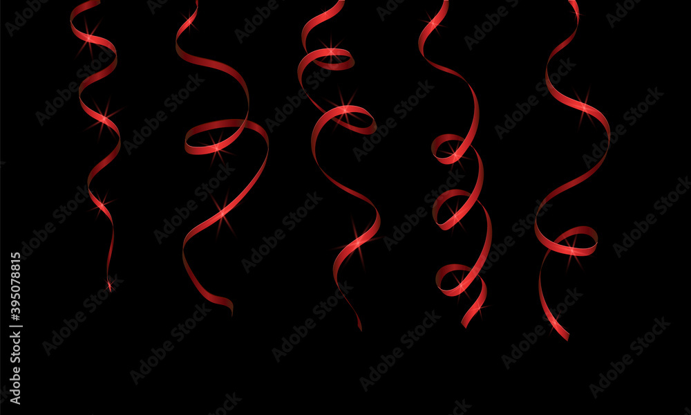Red streamer ribbons with sequins on a black background. Red streamer ribbons with sequins on a black background.