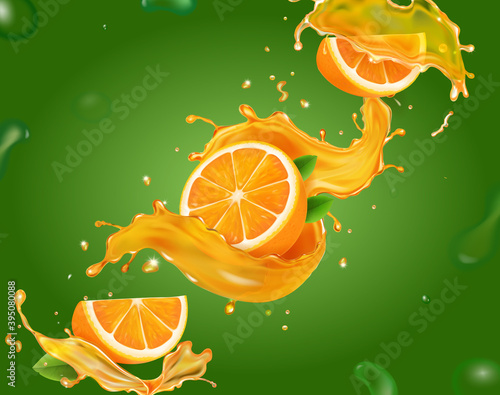 Orange juice splash and drops on green background. Fresh fruit juicy spiral 3d realistic vector
