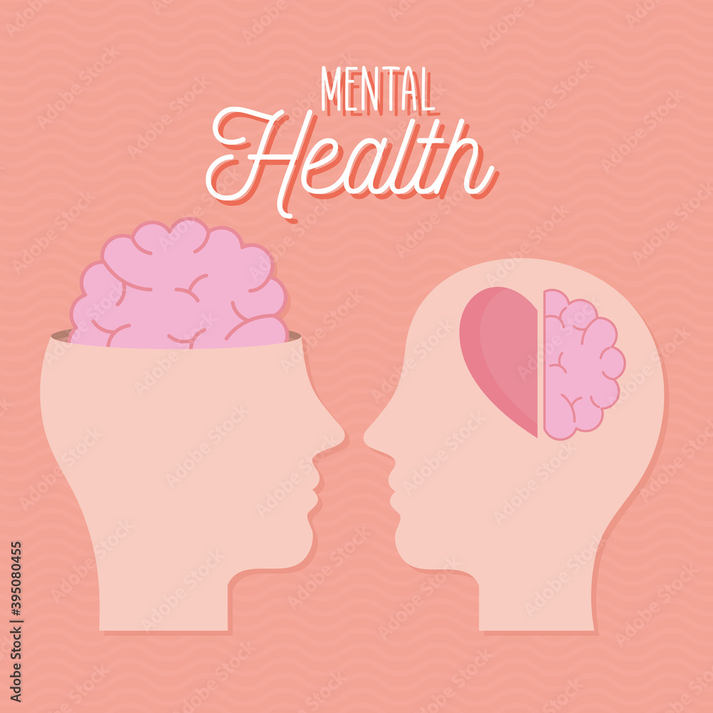 mental health with heads brain and heart vector design