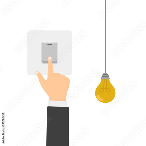 Hand turn on the light. Finger push electronic light switch. Vector illustration. Flat design