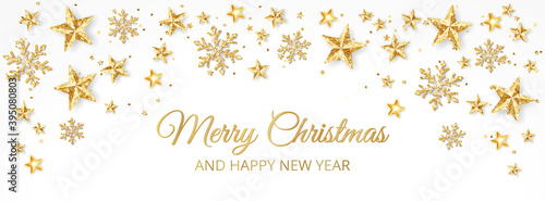 Holiday banner with golden decoration. Stars and snowflakes. Christmas glitter frame. Festive vector background on white. For Christmas and New Year banners, headers, party posters.