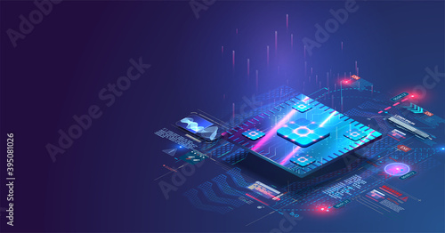 Microchip processor with lights effects. Cybernetic system, futuristic computing technology. Electronics microchip technology. Blockchain, fintech, ai,  hardware, software. Analysis, scanning chip