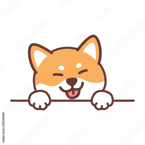 Cute shiba inu dog paws up over wall, vector illustration
