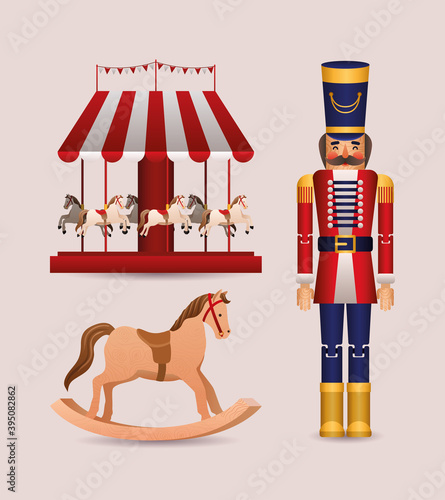merry christmas nutcracker horse and carousel vector design