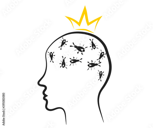 Cockroaches in my head. Human head symbol on a white background. Vector illustration.