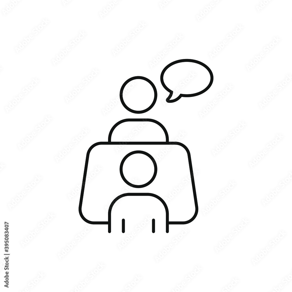Interview icon. Two people sitting and talking symbol concept isolated on white background. Vector illustration Interview icon. Two people sitting and talking symbol concept isolated on white background. Vector illustration