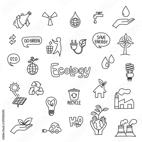 A set of doodle style drawings on the theme of ecology Environmental protection Saving the planet