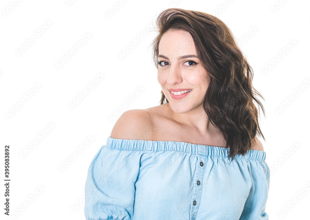 Smiling beautiful young woman looking to side. Head and shoulders. Smile expression face girl, isolated on white background Smiling beautiful young woman looking to side. Head and shoulders. Smile expression face girl, isolated on white background