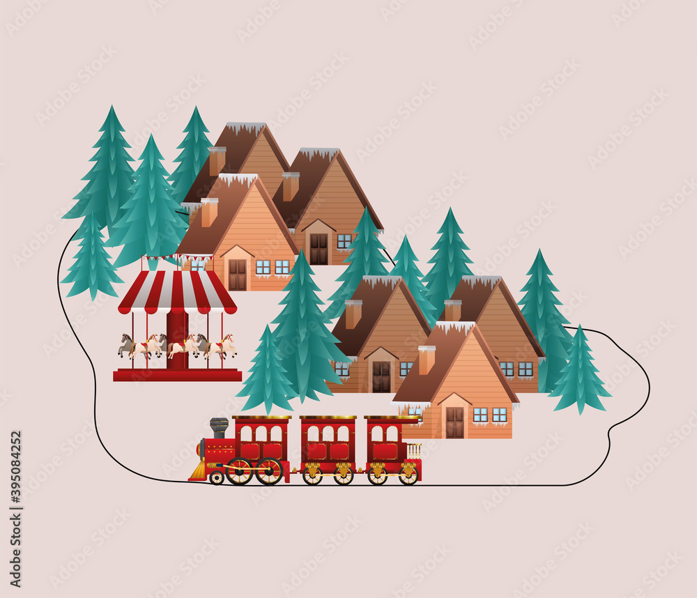 merry christmas houses train carousel and pine trees vector design