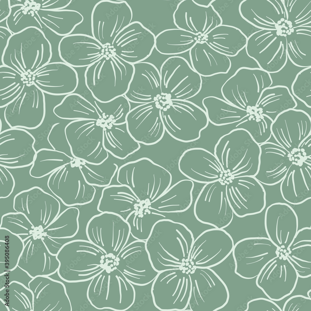 Contoured floral seamless pattern. Simple minimalistic style. Blossoming branches of trees. Outline of flowers. Symbol of spring.