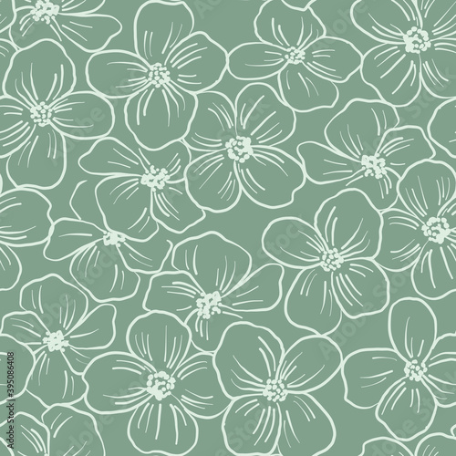 Contoured floral seamless pattern. Simple minimalistic style. Blossoming branches of trees. Outline of flowers. Symbol of spring.