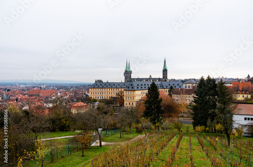 Bamberg, Germany. View from Michaelsberg to the famous bamberg cathedral with the vineyard in the foreground