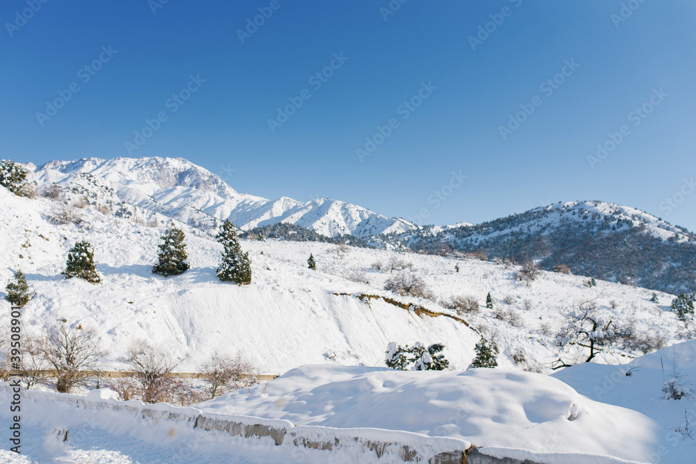 Winter in the mountains of Uzbekistan. On the way to Beldersay resort. Tian Shan mountain range