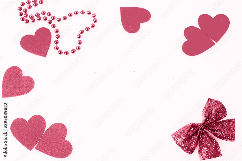 frame of hearts of a shiny bow and a heart of beads,Fashionable color,Raspberry Sorbet