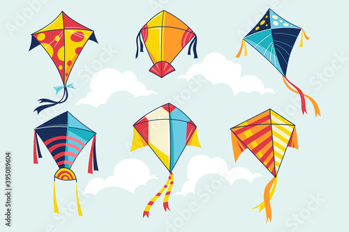 Set of multicolored kites vector illustration for Makar Sankranti concept