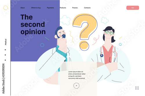 Medical insurance template -second opinion on a matter -modern flat vector concept digital illustration of two doctors and a question mark, second medical opinion metaphor, medical insurance plan