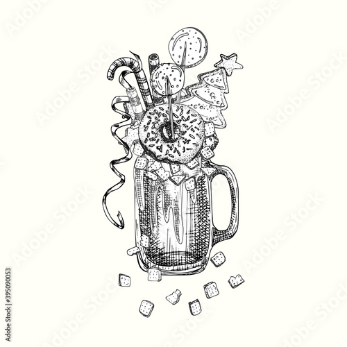 Monster shake dessert, isolated background. Hand drawn black and white sketch style Chocolate, donut, ice cream, candy, cookies, marshmallow Design for restaurant, cafe, bar, menu Vector illustration