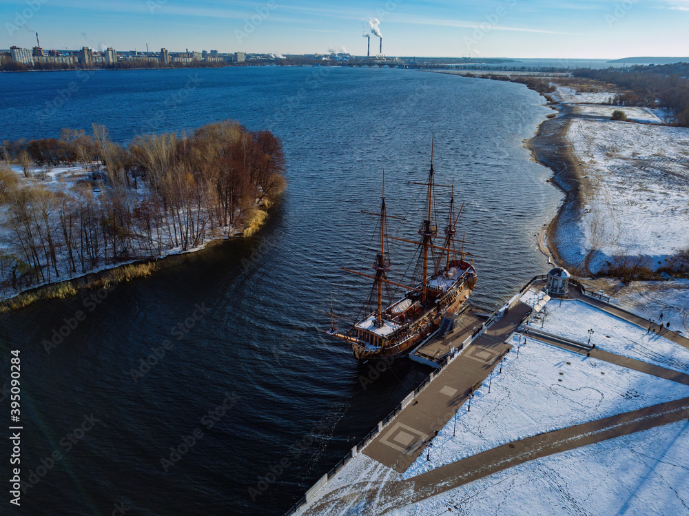 Admiralteiskaya embankment, monument of first Russian ship in Voronezh, aerial view