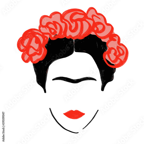 Inspiration Frida Kahlo, Mexican woman, hairstyle concept, vector isolated on white background. For cards, posters, stickers and professional design. photo