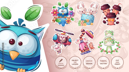 Set sticker - bird, flower, rabbit, coffee, bear, tiger, frog, toad