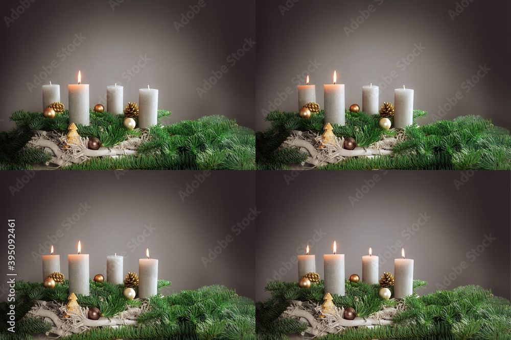 Four images 1st to 4th advent with festive arrangements of burning candles, fir tree branches and Christmas decoration, copy space - obrazy, fototapety, plakaty 