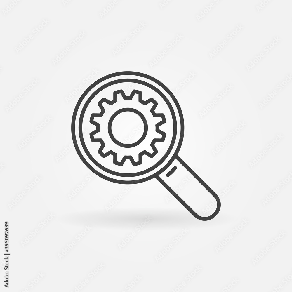 Magnifier with Cog Wheel line icon. Magnifying Glass with Gear vector concept outline symbol Magnifier with Cog Wheel line icon. Magnifying Glass with Gear vector concept outline symbol