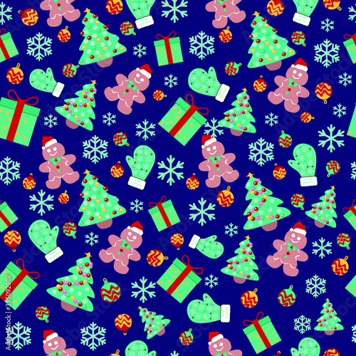 Christmas pattern on blue background christmas tree snowflakes and toys