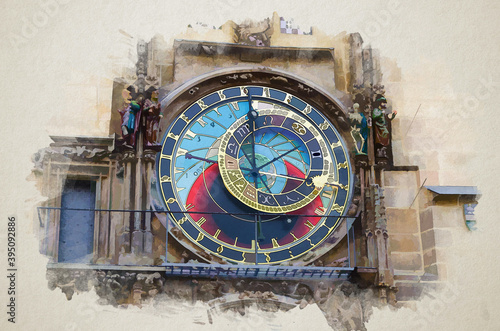 Canvas Print Watercolor drawing of Closeup Prague Astronomical Clock Orloj
