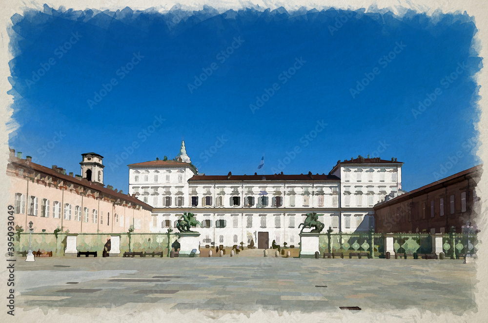 Watercolor drawing of Royal Palace Palazzo Reale building on Castle Square in historical centre of Turin Torino city
