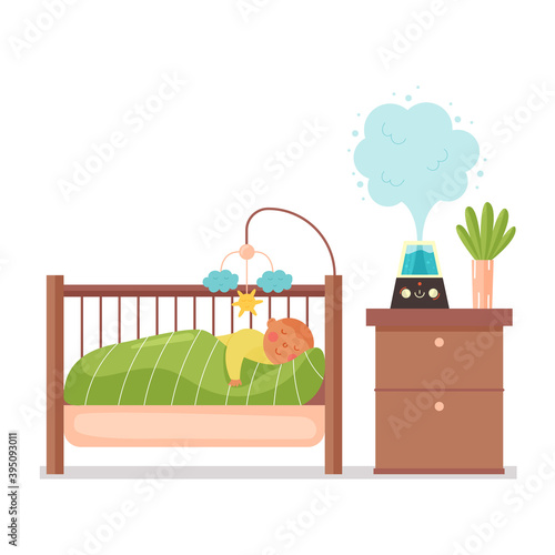 The baby sleeps with a humidifier in the nursery. Fresh air and sleep for the baby. Microclimatic ecological home appliances for a healthy lifestyle. Modern vector flat illustration