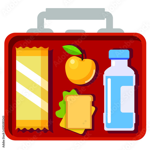 Vector illustration. Open lunch box. A healthy snack inside. Yellow apple, chocolate, cheese toast, and water.