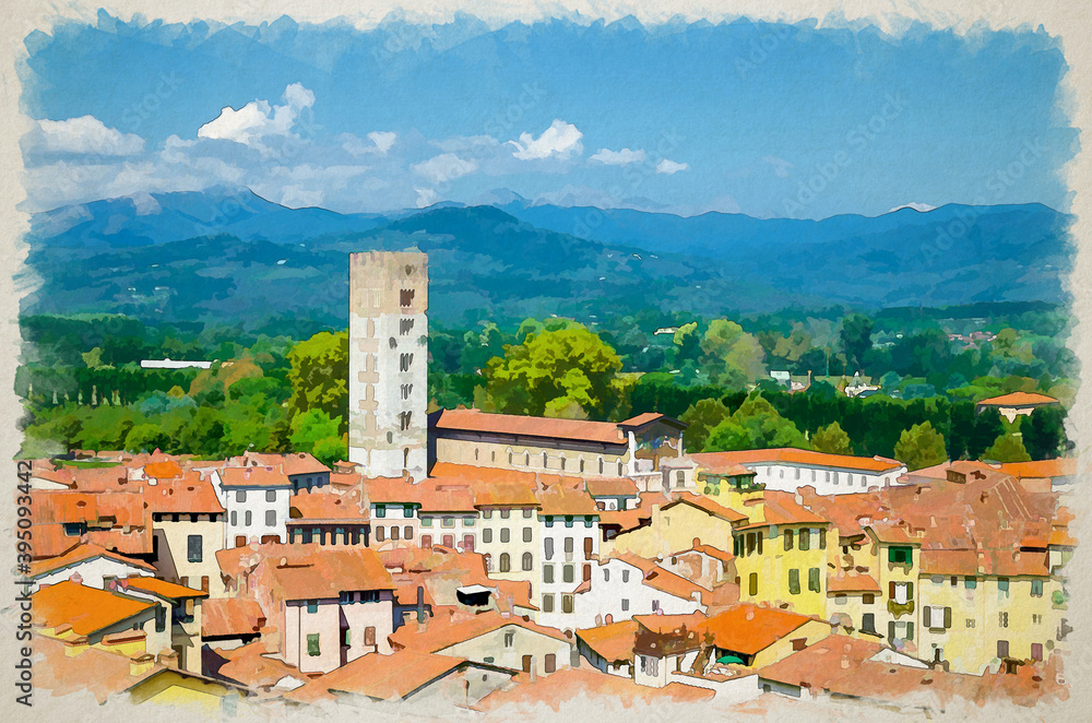 Watercolor drawing of Aerial top view of historical centre medieval town Lucca with old buildings