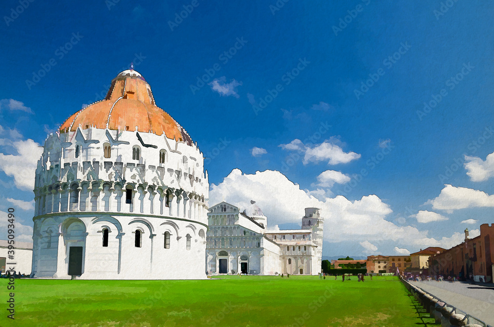 Watercolor drawing of Pisa Baptistery Battistero, Pisa Cathedral Duomo Cattedrale and Leaning Tower