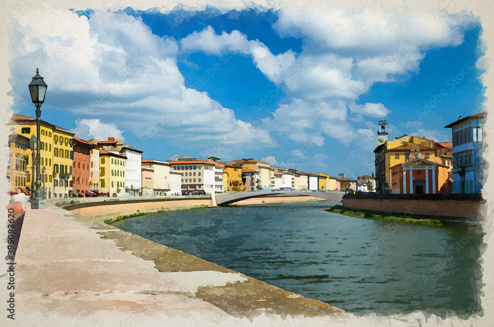 Watercolor drawing of Row of old colorful buildings houses on embankment promenade of Arno river in historical centre of Pisa