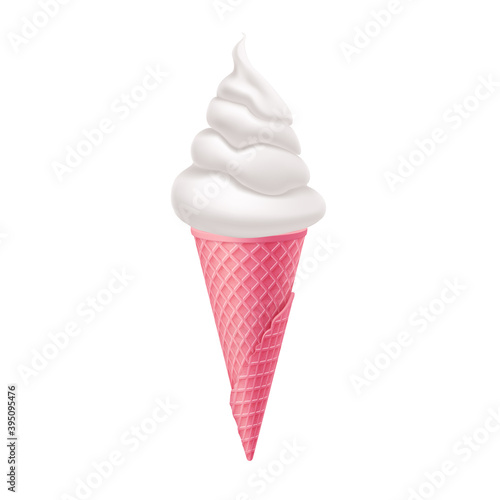 Delicious Vanilla Ice Cream in Pink Waffle Cone. Street Fast Food, Sweet Milky Dessert Creative illustration Isolated on White