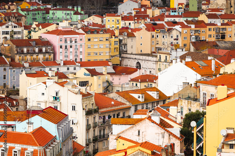 capital city of Portugal Lisbon Lisboa white building with orange red roofs view over the city