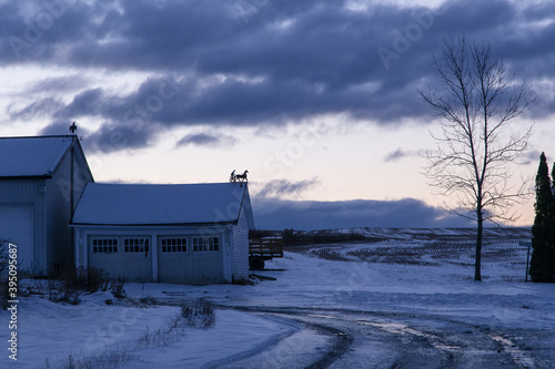 Blue hour rural winter landscape with outdoor buildings featuring horse and carriage and bird weathervanes, Saint-Vallier, Quebec, Canada