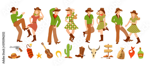 Set of young man and woman in western country clothes, boots and cowboy hats dancing in flat style. Vector illustration clip-art western clip-art. Square dance for two and country dance festival