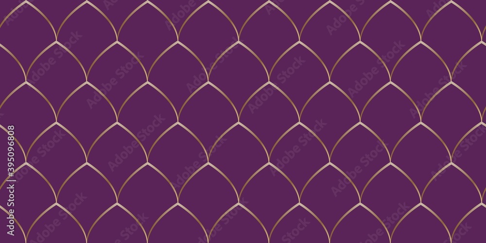 Art Deco style #1 Fish scale golden seamless pattern on purple background, mermaid tail decoration design