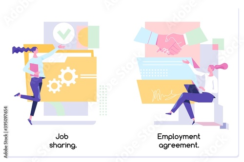 Date or job sharing concept. Delegating duties and responsibilities to colleagues. Job sharing, alternative work schedule, collaborative employment, division of a job. Modern flat illustration.