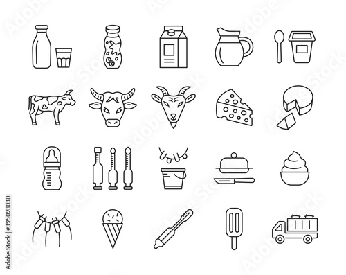 Milk products flat line icon set with yogurt, cheese, cow, goat, milk carrier. Editable stroke. Vector illustration.