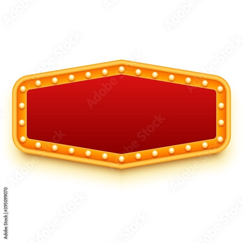 Gold light sign. Retro style design. Frame with light bulbs. Empty mockup for casino promotions. Vector illustration.