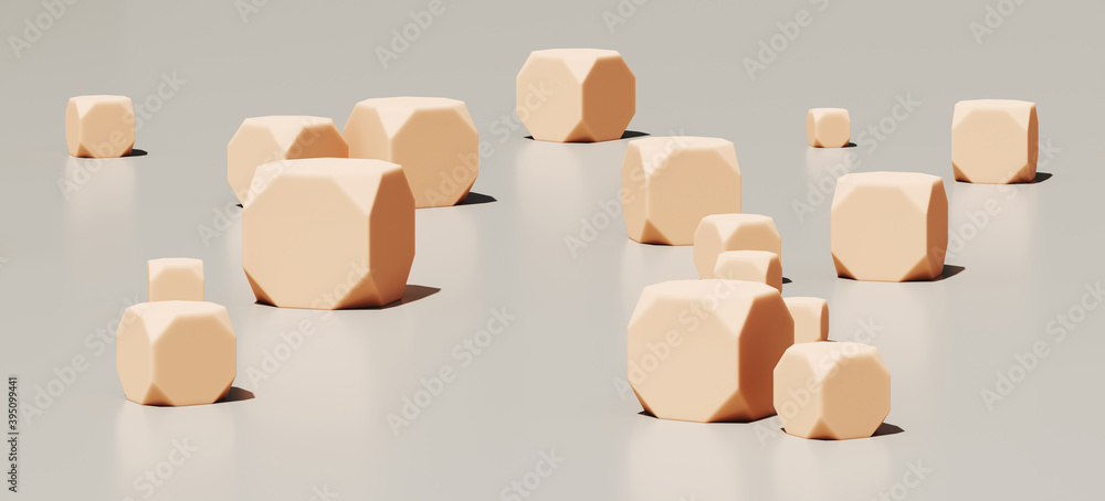Minimal abstract mockup background for product presentation. Beige geometric podium on grey background. 3d rendering illustration. Clipping path of each element included.