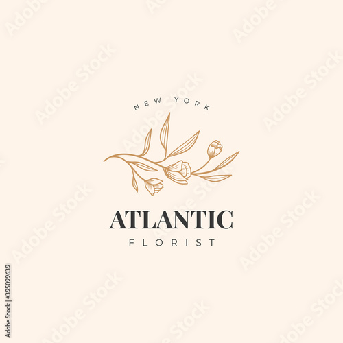 Abstract Flowers Vector Signs or Logo Templates. Retro Floral Illustration with Classy Typography. Feminine Logo. Modern Logo Template for florist, photographer, fashion blogger, design studio.