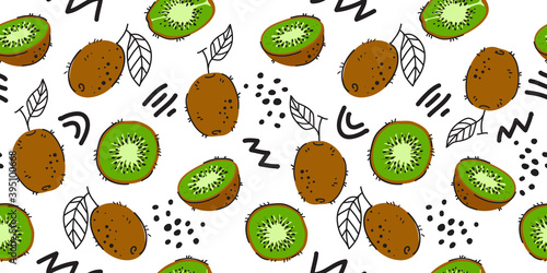 Bright Seamless Fruit Background Green kiwi Vector Green Pattern doodle style kiwi slice. Set of whole kiwi, cut and bitten off kiwi. Vector hand drawn illustration for fabric, drawing labels, print.
