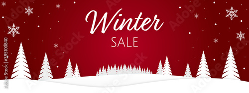 Winter sale banner. Idyllic snowy winter landscape greeting card. Vector illustration of a winter mountain landscape with snowy fir trees, hills and snowfall on red gradient background.