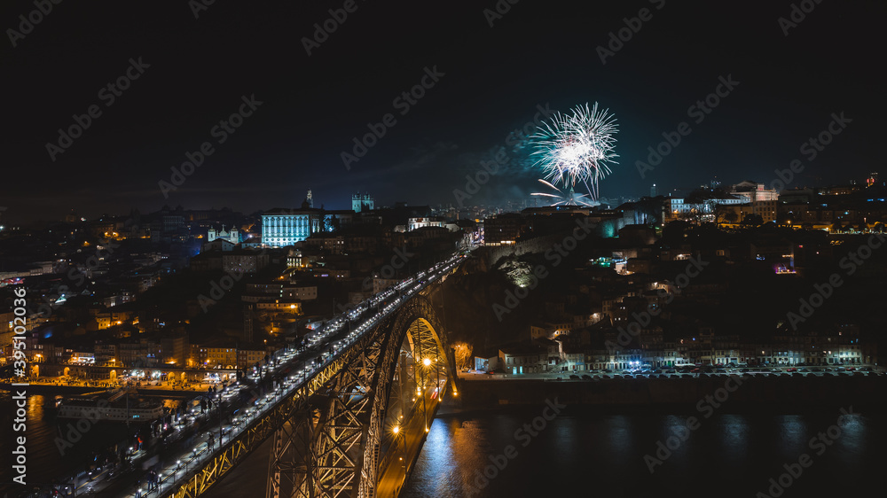 new year fireworks in Porto, Portugal, Dom Luis I bridge, Ponte Luis I over Douru river